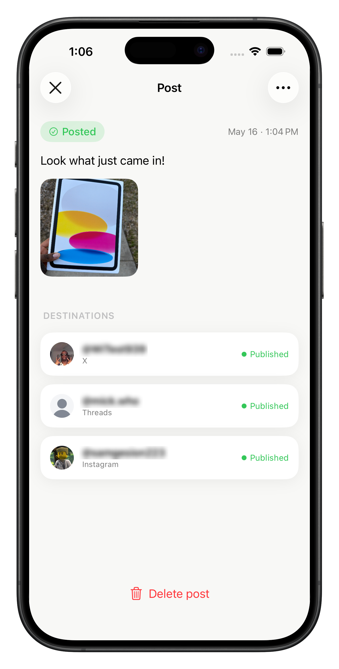 PostHarbor showing a post published to X, Threads, and Instagram